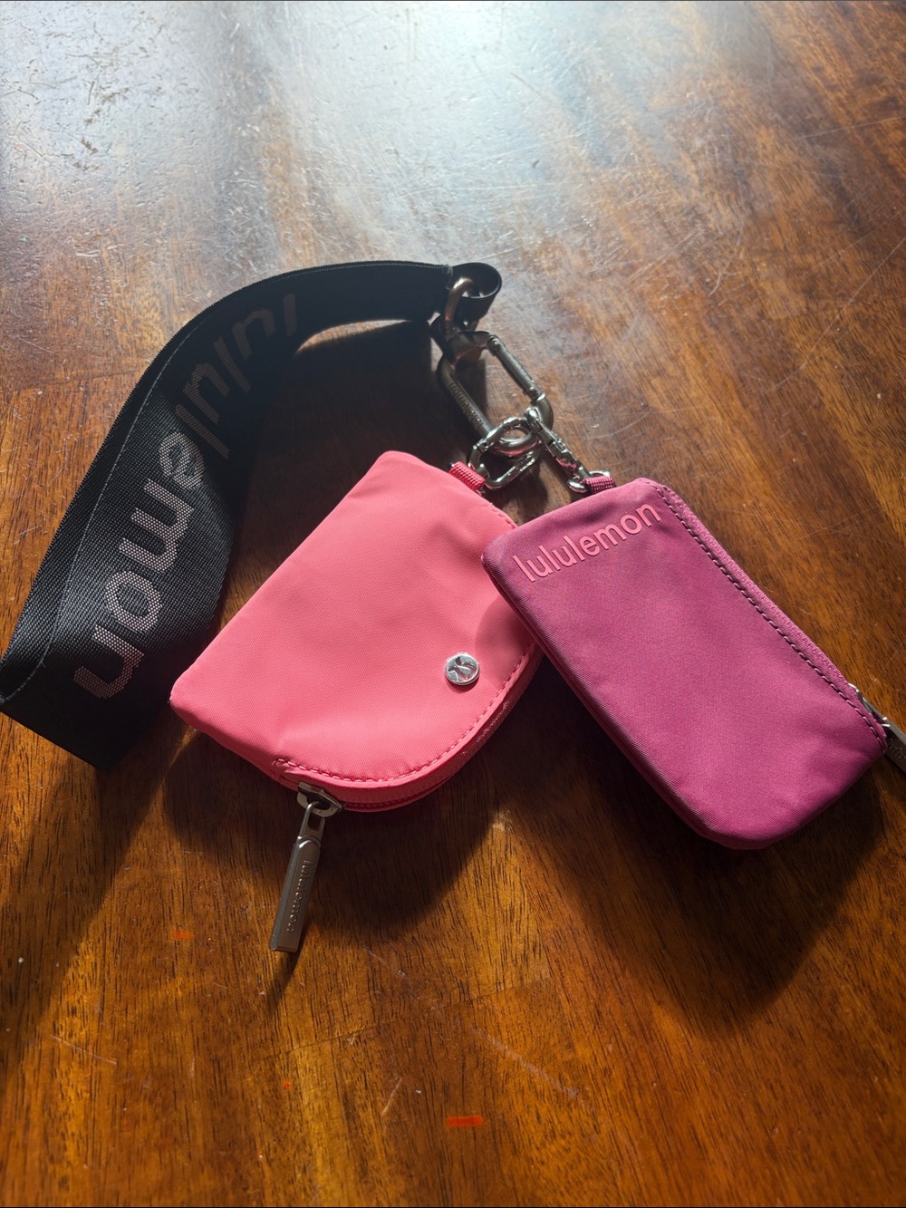 lululemon Dual Pouch Wristlet Set Hot Pink Burgundy Silver Carabiner OS
